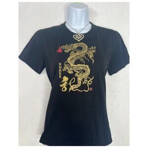 Y2K Korea Gold Dragon Graphic Print Baby Tee size Small Asian 90s Sexy Buffy